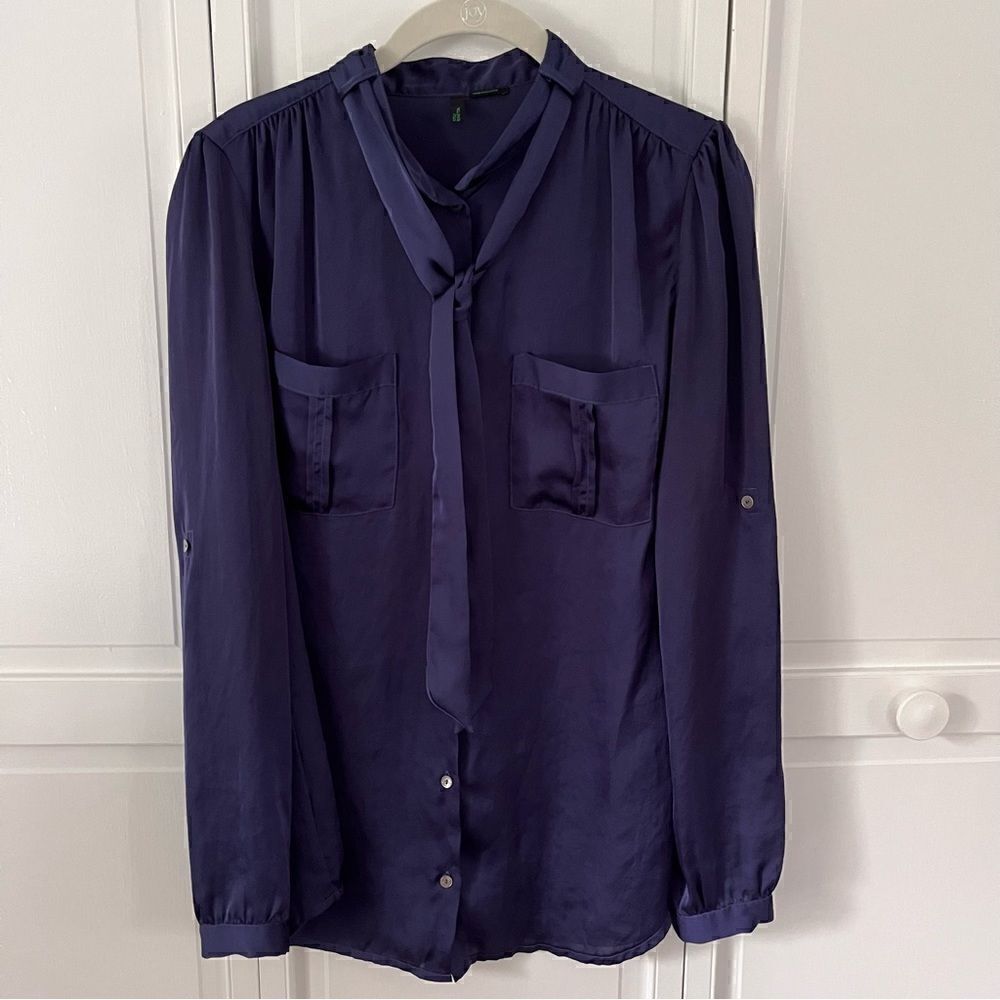 Women's Benetton Silk Feel Long Sleeve Sash Tie Collar Blouse Rich Blue Sz Large